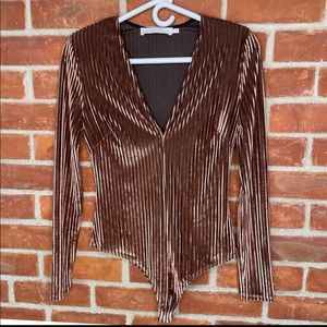 ASTR pink and black striped velour and mesh long sleeve v-neck bodysuit